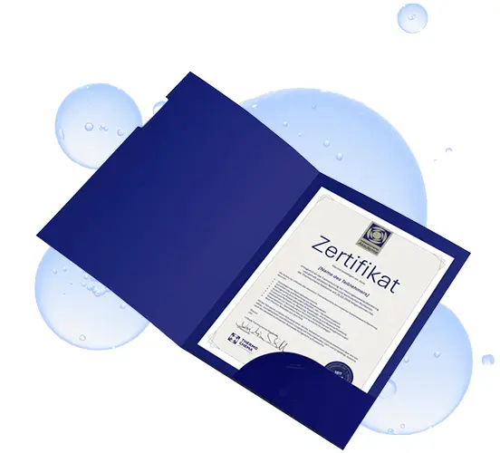 Thermochema Qualitätszertifikat mit Wasser-Symbolik