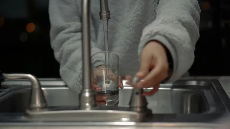 Trinkwasser läuft aus Wasserhahn in Glas